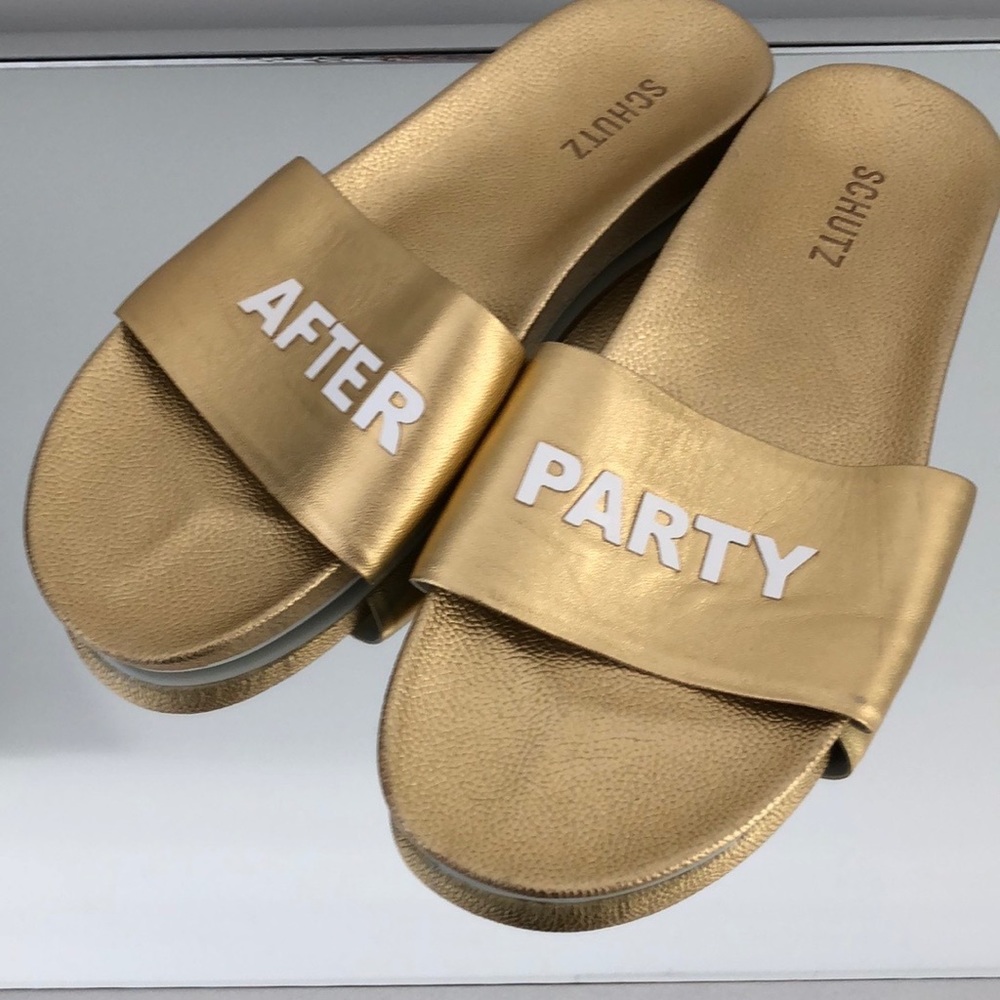 Shutz Custom Gold After Party Slides - image 3